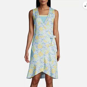 Lands' End Lemon Print Ruffle Hem Sleeveless Wrap Dress
